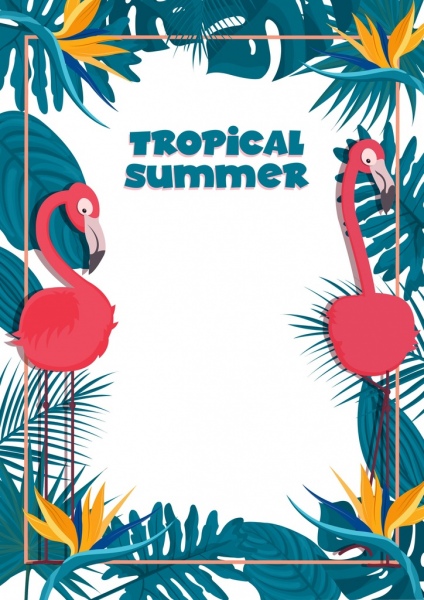 mùa hè nhiệt đới biểu ngữ mẫu flamingo lá biên giới trang trí