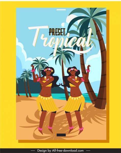 poster liburan musim panas tropis adegan pantai penari lokal