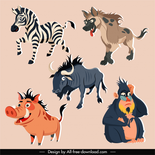 tropische wilde Tiere Ikonen farbige Cartoon-Skizze