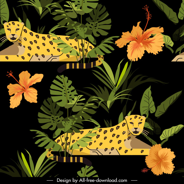 tropischen Tierwelt Muster Leopard Hibiskus Skizze dunkles Design