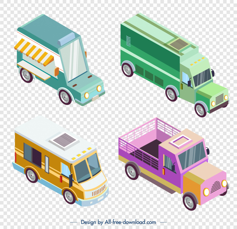 veículos de carro de caminhão ícones 3d esboço