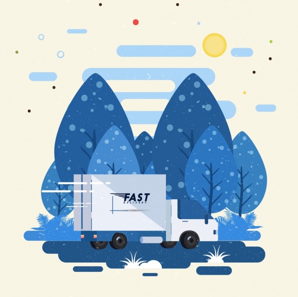 la voiture de livraison par camion tirant décor bleu arbres icônes