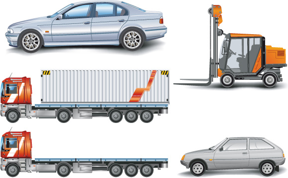 Các xe tải với xe hơi và xe nâng hàng vector