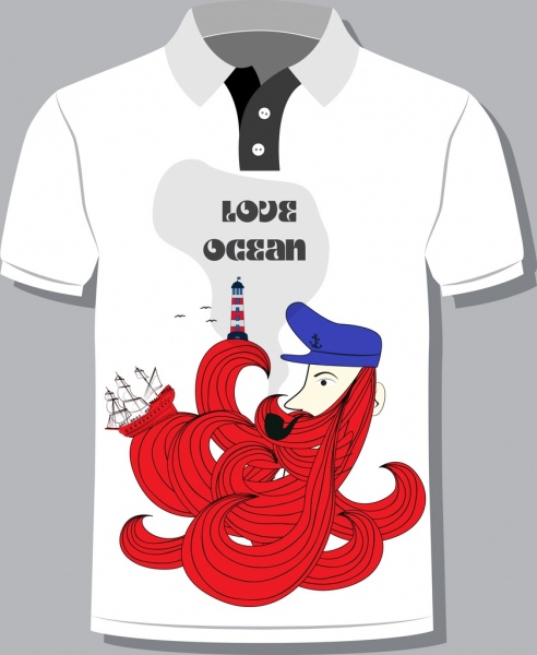 футболка дизайн шаблон океана тема белый красный декор