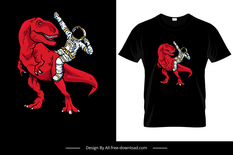 T-Shirt-Vorlage Dinosaurier Astronaut Cartoon Skizze dunkles Design