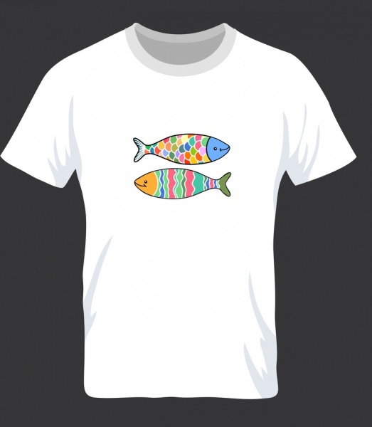 camiseta de la plantilla blanca peces multicolores iconos decoración