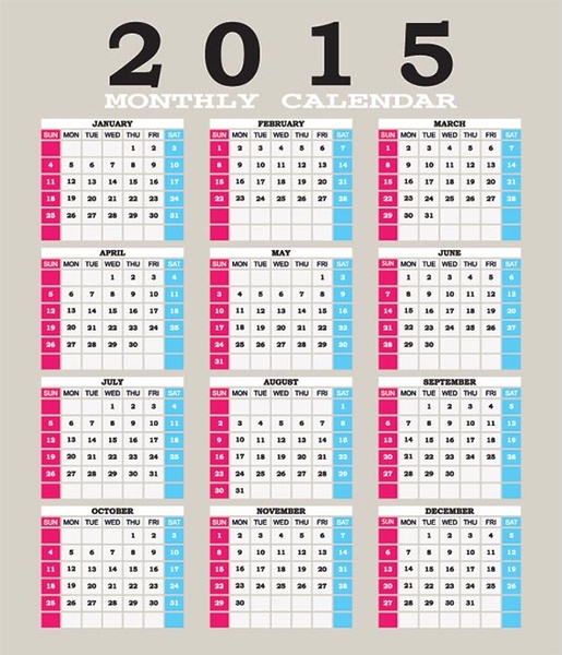 biru dan merah muda block15 vektor kalender