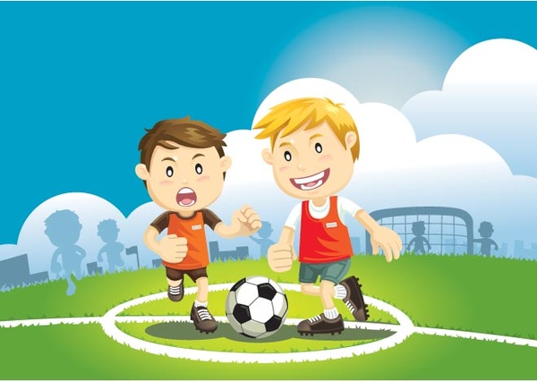 Two Boys Play Soccer On A Field Vector