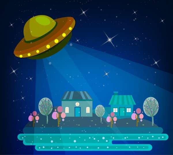 UFO fundo cintilante céu cenário iluminado abriga ícones