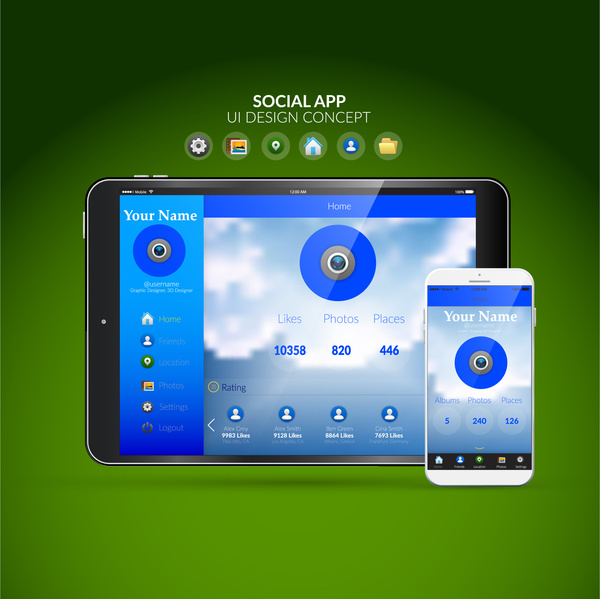 projeto de conceito de design da interface do usuário com ilustração do aparelho social