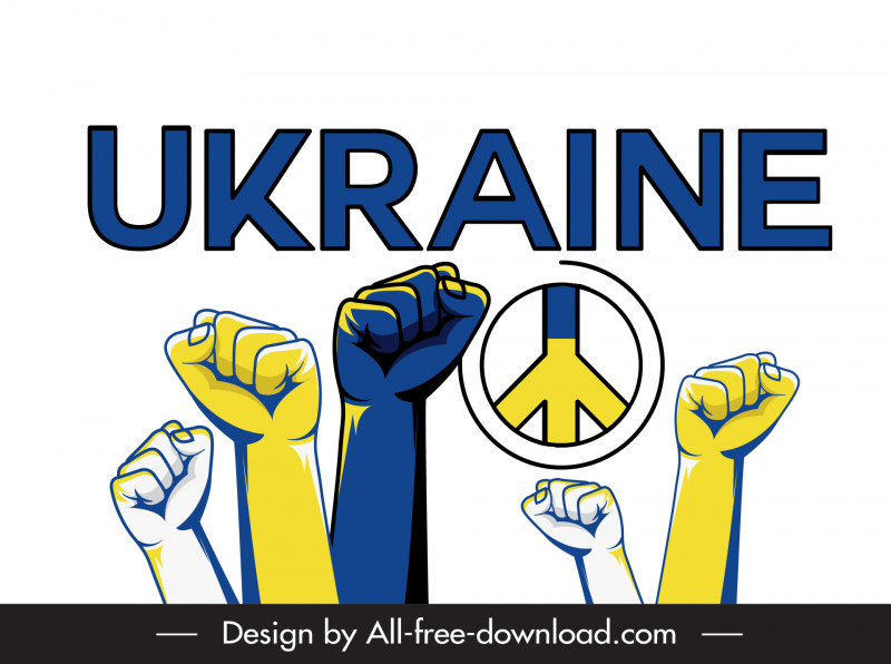 우크라이나 평화 상징은 우크라이나 배너와 함께 머물며 무기 스케치를 올리십시오.