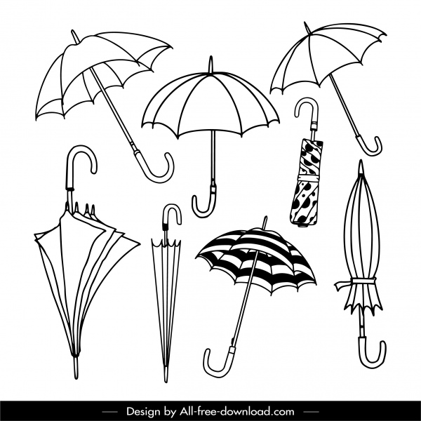 ícones guarda-chuva preto branco esboço desenhado à mão