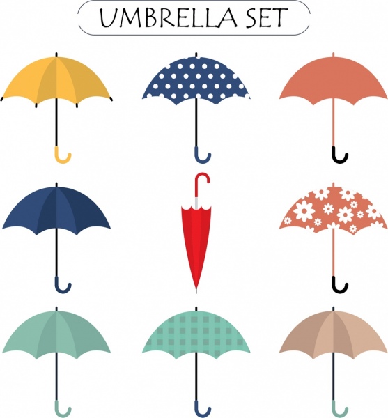 Colección de iconos de diversos tipos de paraguas de colores