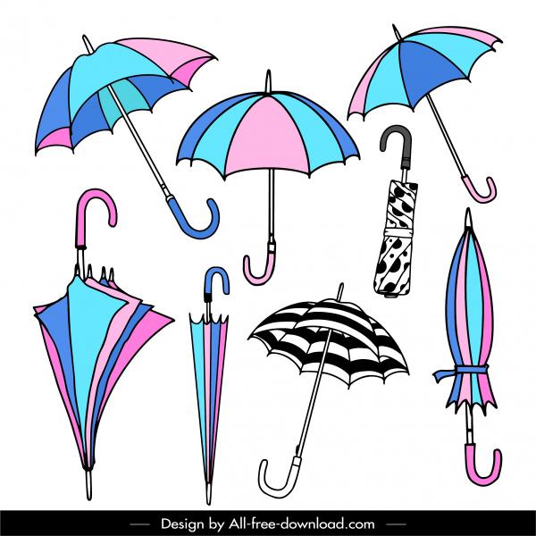 ícones guarda-chuva esboço colorido desenhado à mão