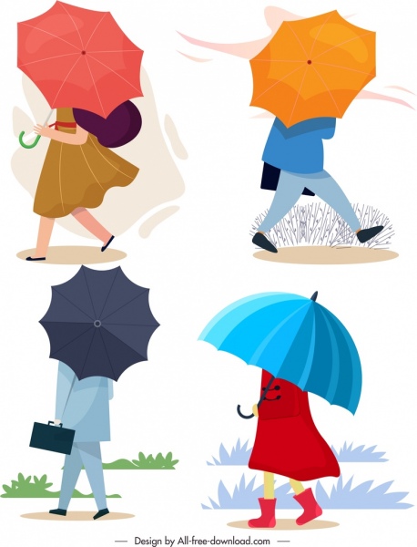 ícones do estilo do guarda-chuva esboço colorido dos desenhos animados