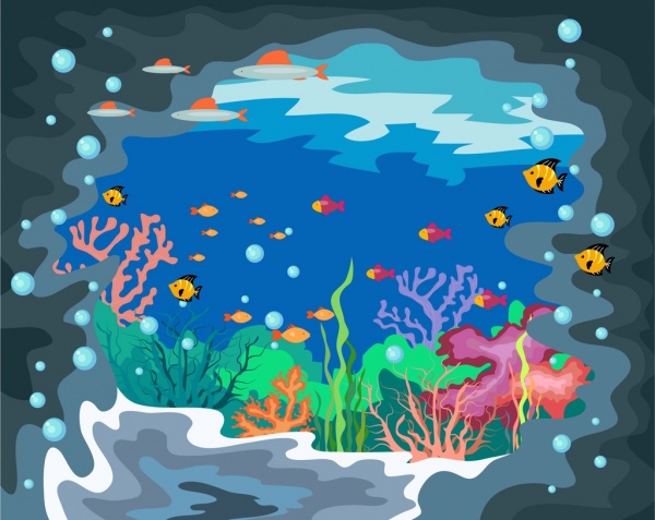 decoração de desenho animado colorido de fundo vida subaquática