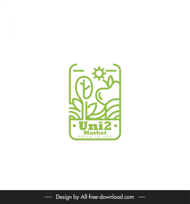 uni 2 mercado logotipo verde plantilla plana dibujo a mano elementos de la naturaleza diseño