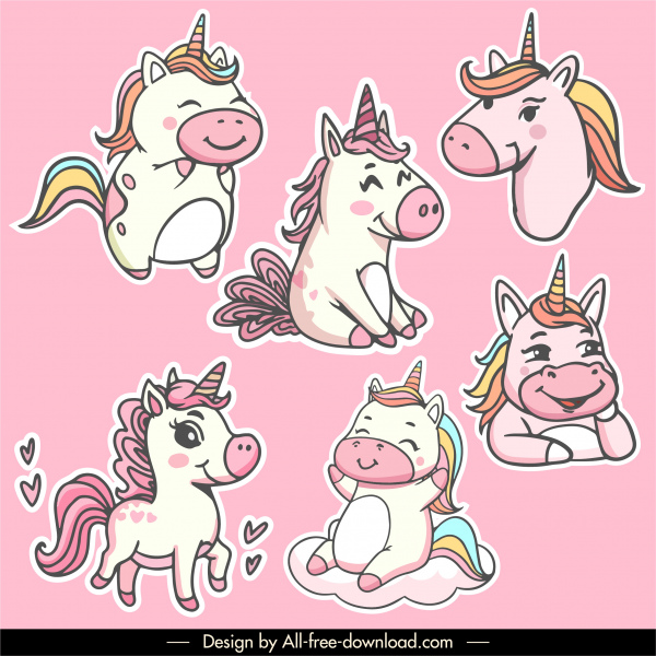 iconos de unicornio lindo dibujo a mano boceto de dibujos animados