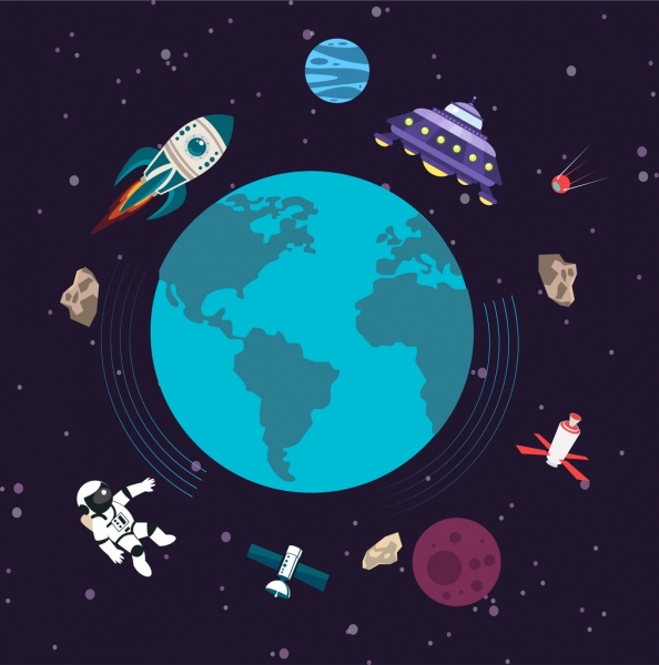 El fondo universo Tierra OVNI astronauta Satellite iconos