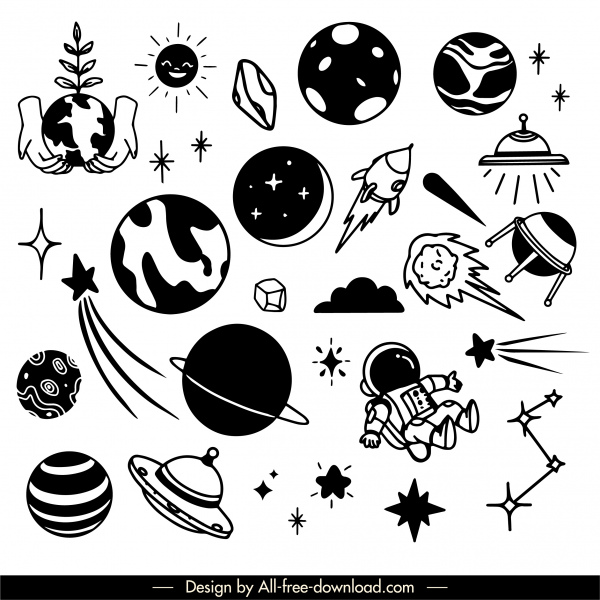iconos de elementos del universo respaldan símbolos cosmos dibujados a mano blanco