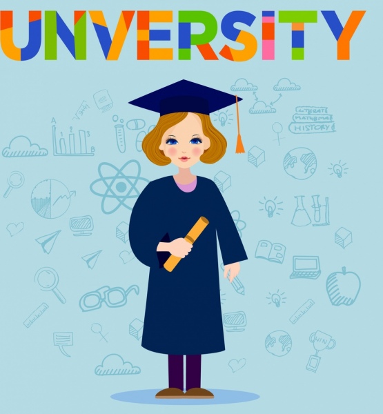 Üniversite afiş lisans eğitim simgeler renkli karikatür