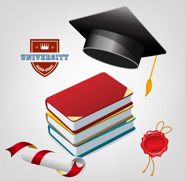 banner di Università 3d tappo colorato icone diploma libri