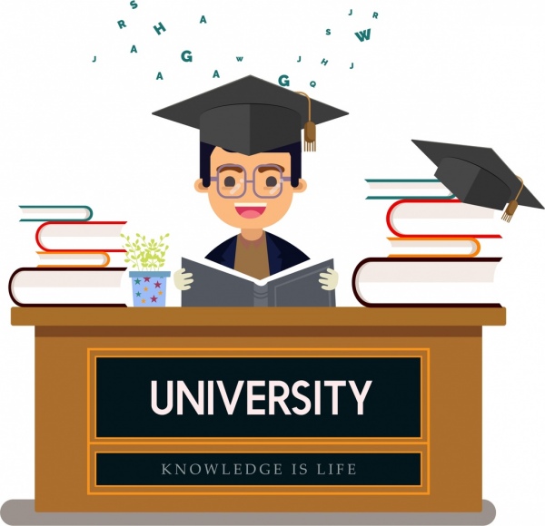 Icone di graduazione del libro ragazzo sfondo di istruzione di Università