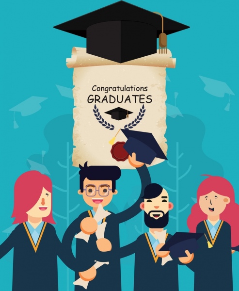 Universidad graduación banner estudiantes diploma sombrero iconos decoración
