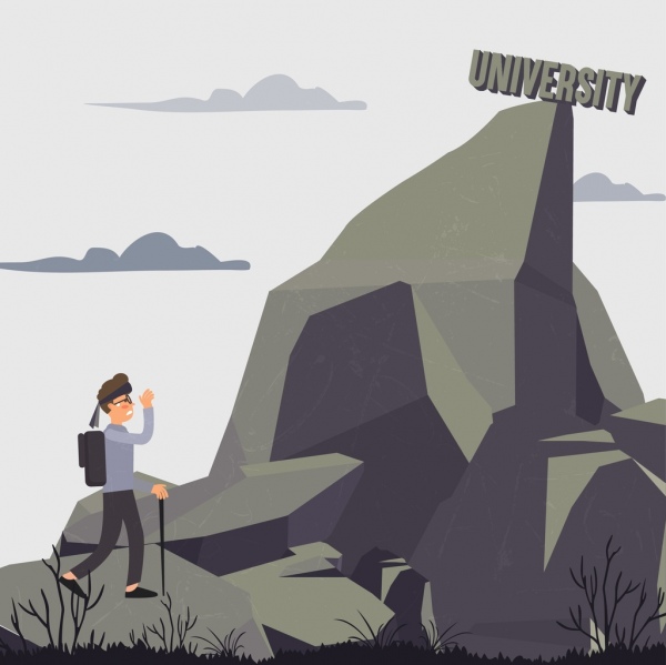 Universitas target menggambar ikon puncak gunung pejalan kaki laki-laki