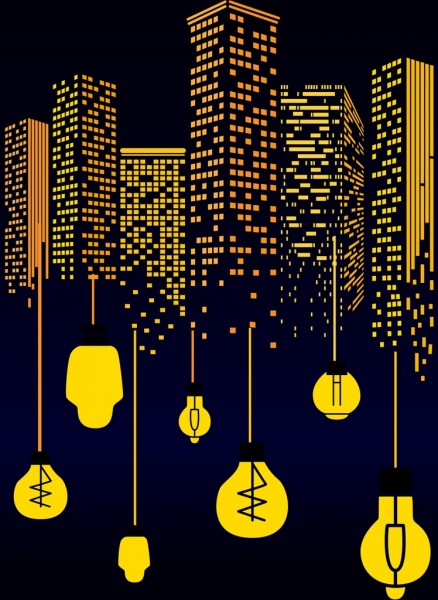 ícones de edifícios altos de lâmpadas amarelas meio urbano