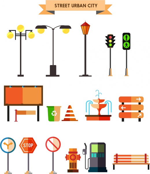 unsur-unsur desain perkotaan dalam simbol-simbol berwarna isolasi