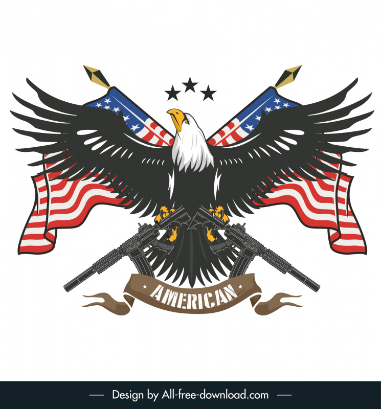 Logotipo del ejército de EE. UU. Águila simétrica Alas planas Cañones Bandera Boceto de cinta