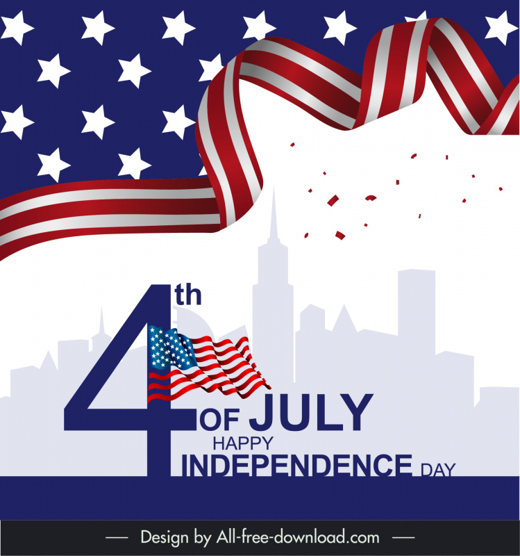 Poster liburan Hari Kemerdekaan AS Pemandangan Kota Siluet Pita Dinamis Dekorasi Confetti