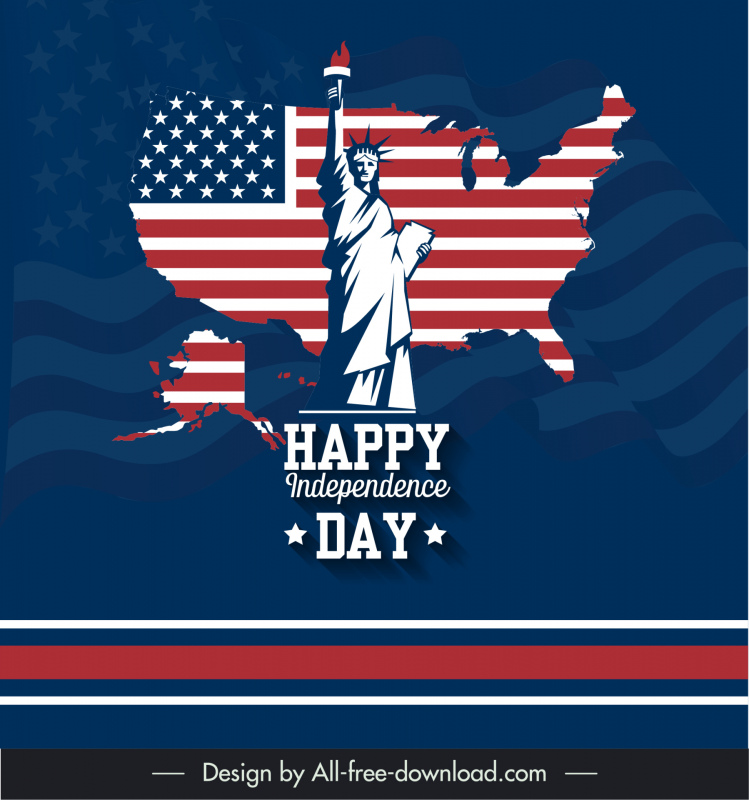 Jour de l’indépendance des États-Unis vacances affiche contraste design liberty statue drapeau carte croquis