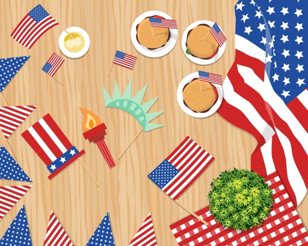 USA-Symbole Flaggen dekoriert Objekte farbenfrohes design