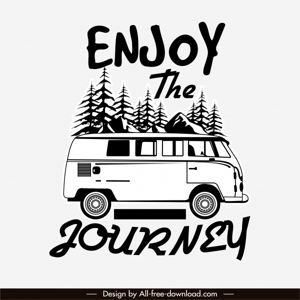 Urlaub Banner schwarz weiß retro Bus Skizze