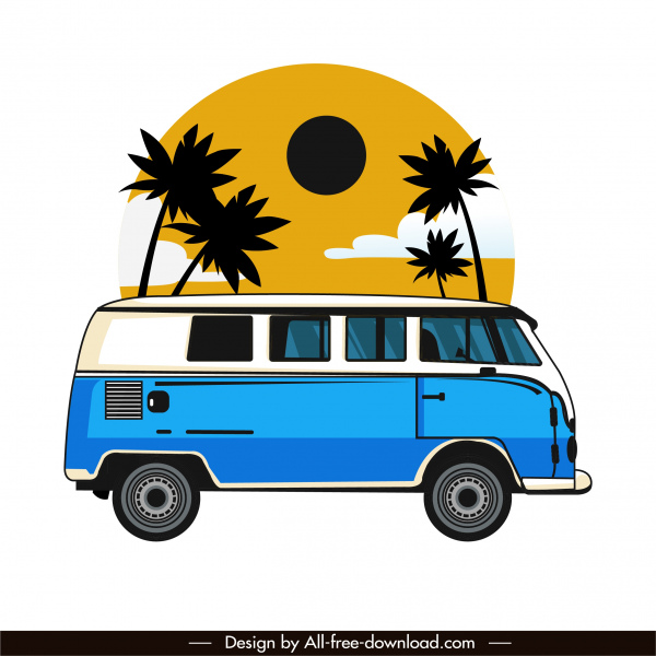 ikon bus liburan berwarna sketsa klasik datar