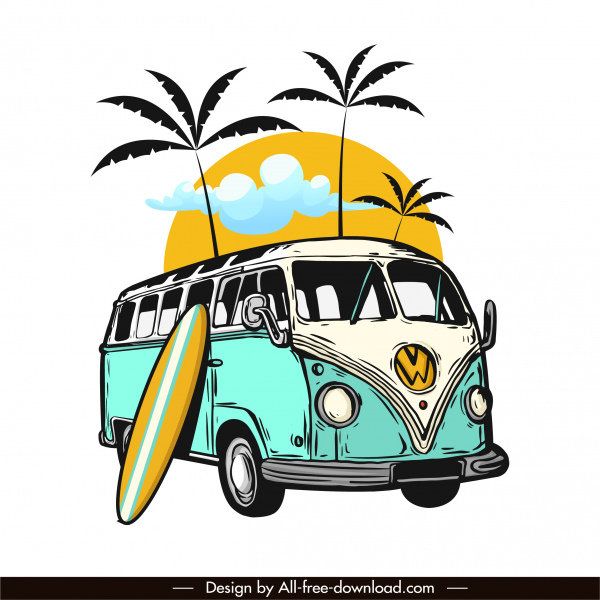 휴가 디자인 요소 빈티지 버스 코코넛 서핑 보드 스케치