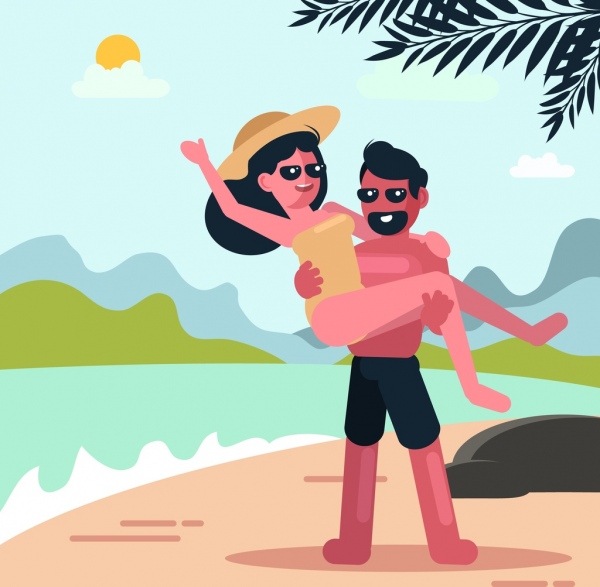 vacaciones pintura hombre mujer playa los iconos coloreados dibujos animados