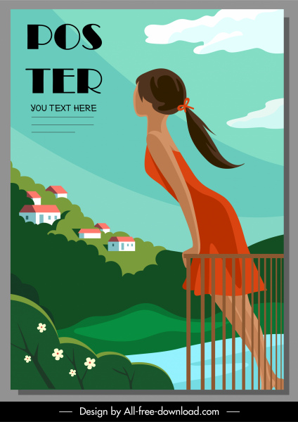 póster de vacaciones relajante chica montaña lago escena boceto