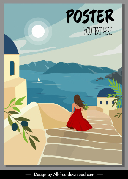plantilla de póster de vacaciones escena mar mediterráneo lady sketch