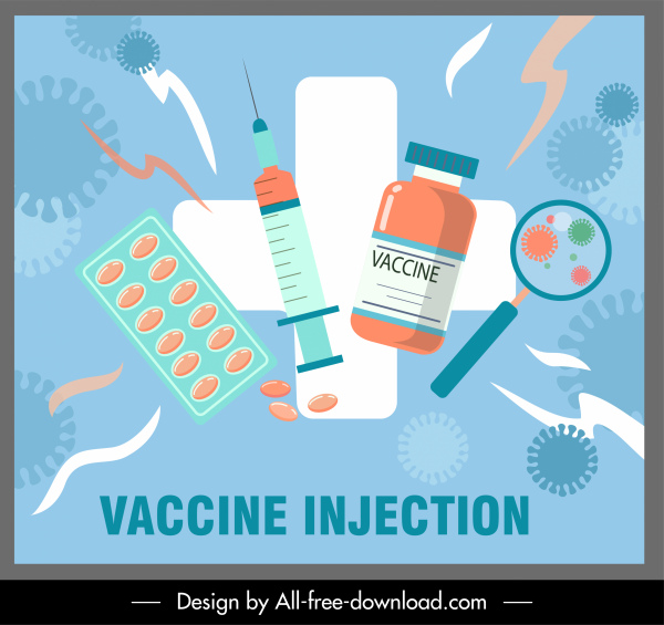 aşı posteri tıbbi elemanlar düz renkli eskiz çizimi