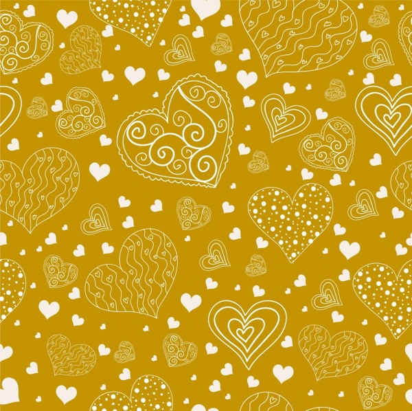 Valentine trái tim bối cảnh biểu tượng màu vàng bằng phẳng handdrawn phác họa