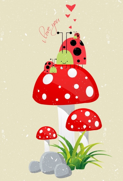 Valentine latar belakang merah jamur kepik ikon desain retro