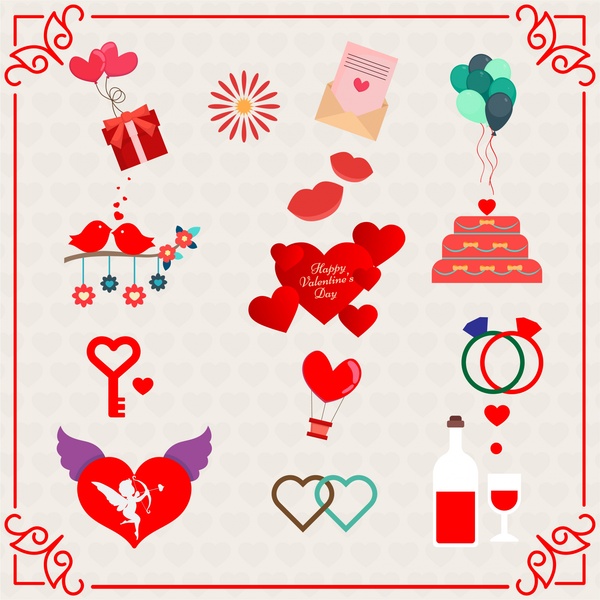 Valentine-Hintergrund-Vektor-Design mit netten Icons illustration