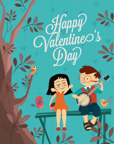 valentine banner słodką parę ptaków drzewo kolorowy rysunek