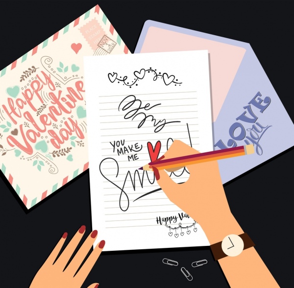 manos de banner de San Valentín escribiendo cartas icono coloreado de dibujos animados