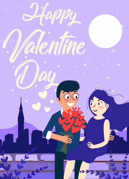 Valentine Banner Love Couple Moonlight Icons Colored Cartoon-vector  Banner-free Vector Free Download