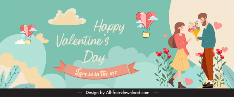 バレンタインバナーテンプレートロマンチックな空の要素ハート植物学の装飾漫画のスケッチ