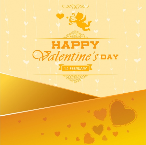 Valentine banner màu vàng trang trí trái tim thiên sứ biểu tượng